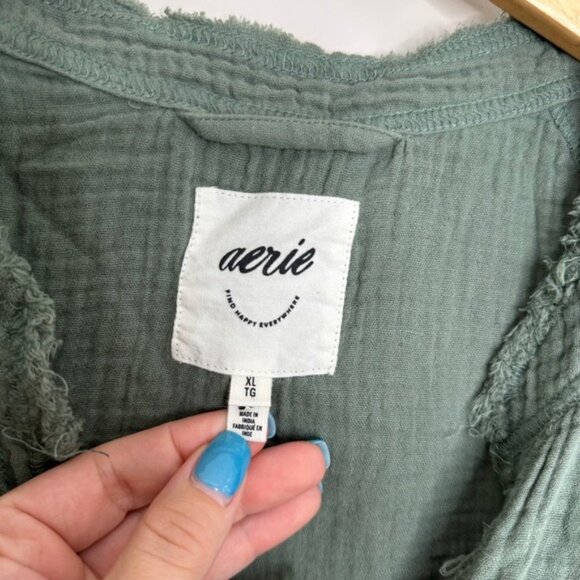 Aerie Women's Olive Green Gauze Button-Down Shirt Tunic Top Xl Loose Fit - Picture 2 of 6
